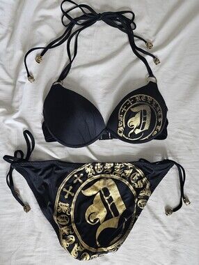 D.i.a Gyaru Japan Black And Gold Graphic Logo Side Tie Bikini Set